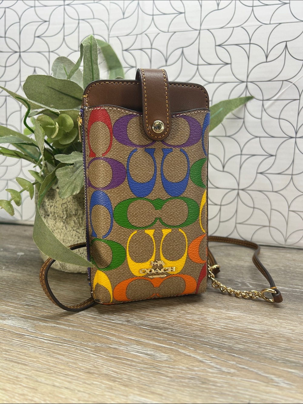 4621Coach Signature Crossbody Phone aWallet -Brown with Rainbow 'C' pride 964621